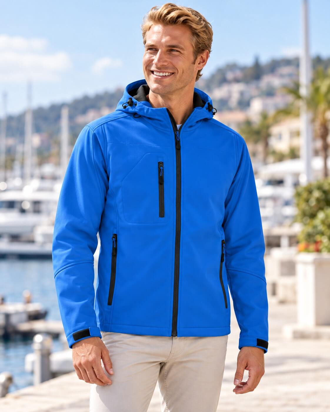 Męska kurtka softshell 3-warstwowa z kapturem – niebieska, na modelu