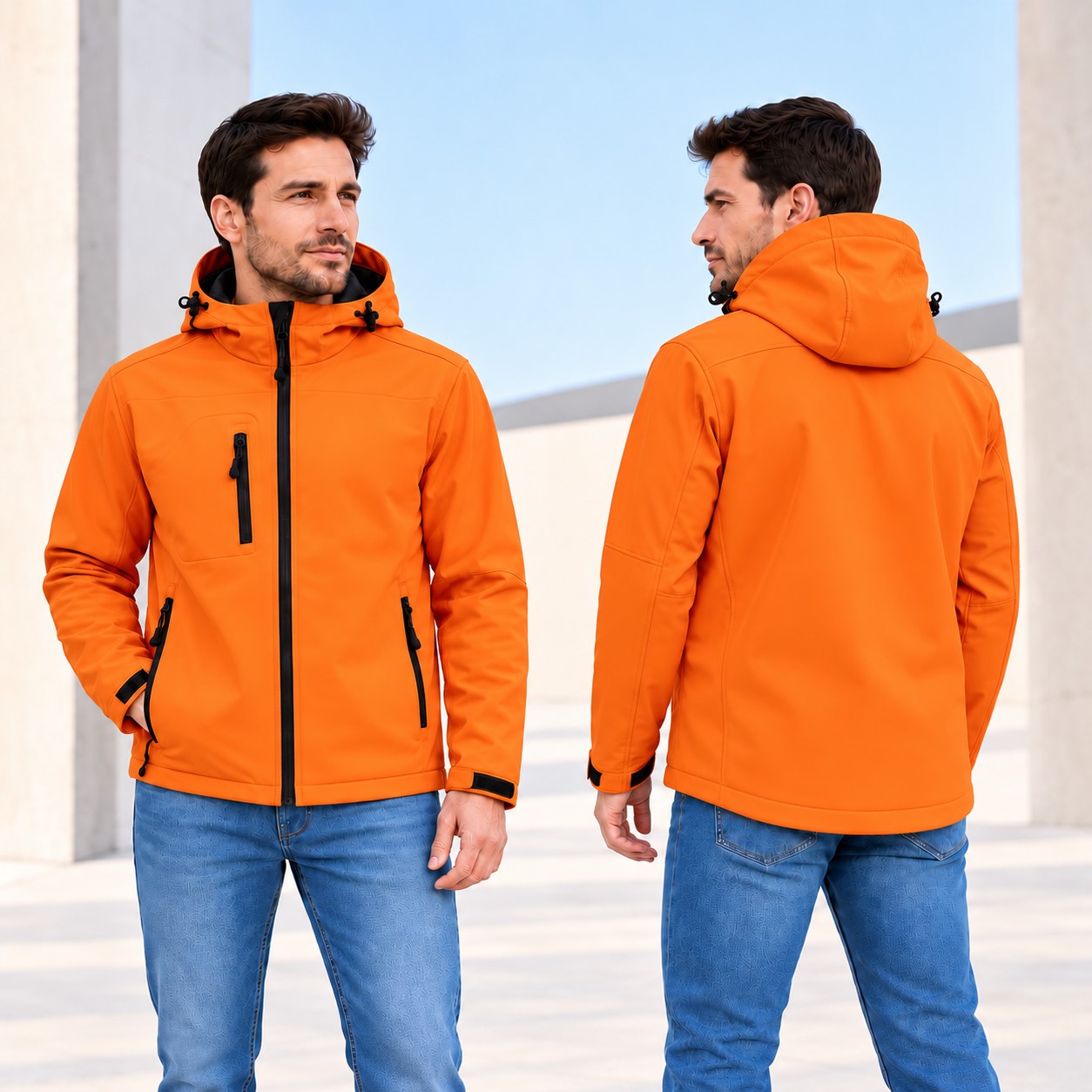 Męska kurtka softshell 3-warstwowa z kapturem – pomarańczowa, na modelu z przodu i tyłu