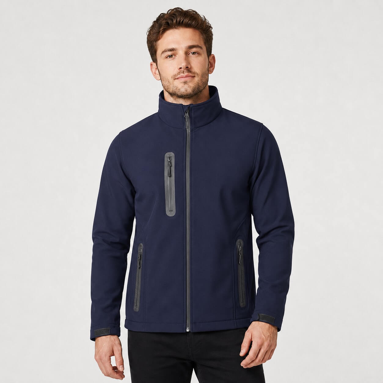 Męska kurtka softshell wodoodporna 8000 mm JHK – granatowa, na modelu