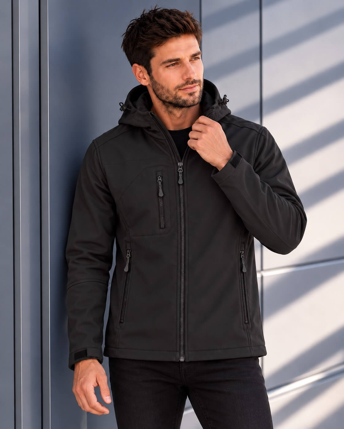 Męska kurtka softshell z kapturem 3-warstwowa – czarna, na modelu