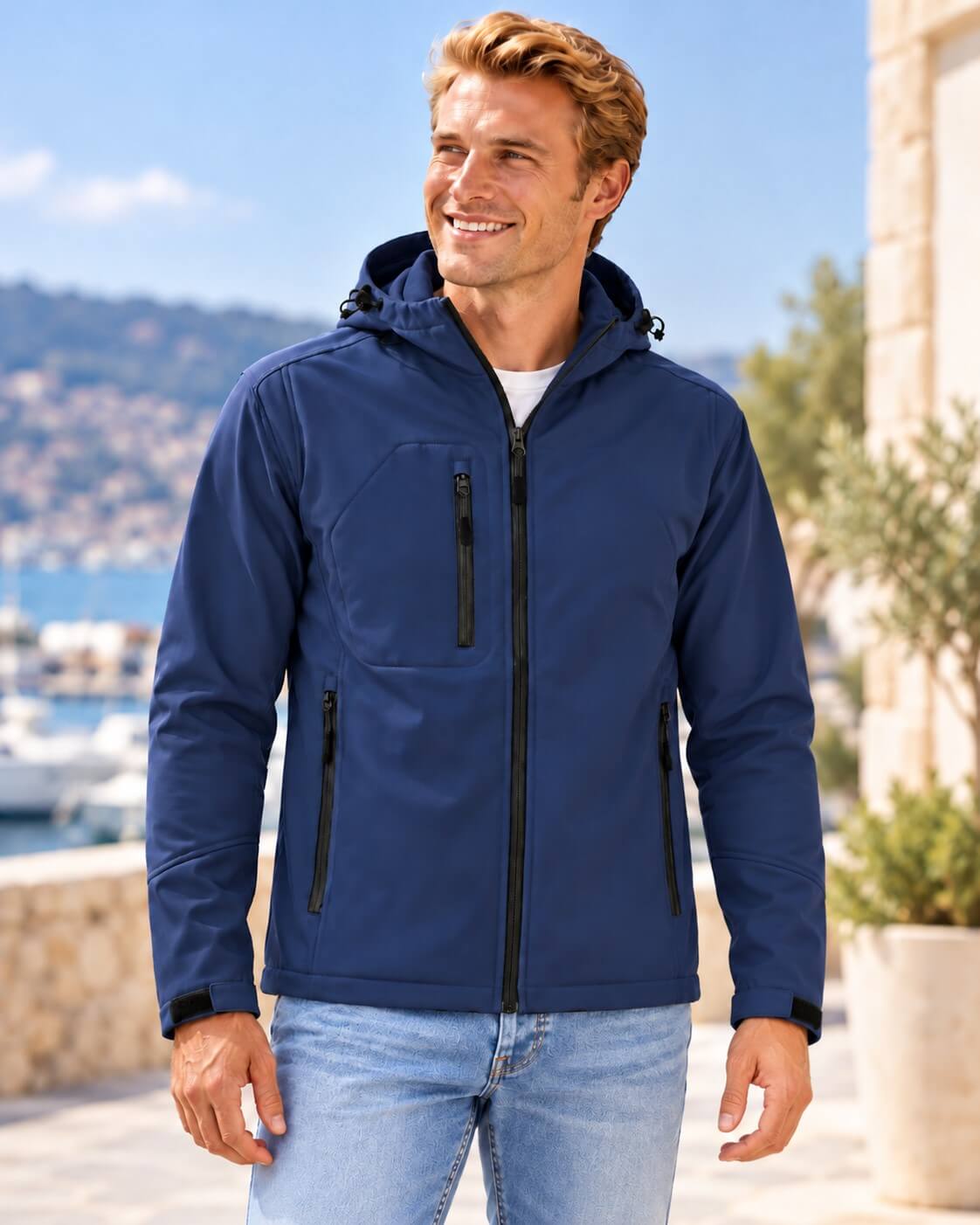 Męska kurtka softshell z kapturem 3-warstwowa -granatowa, na modelu
