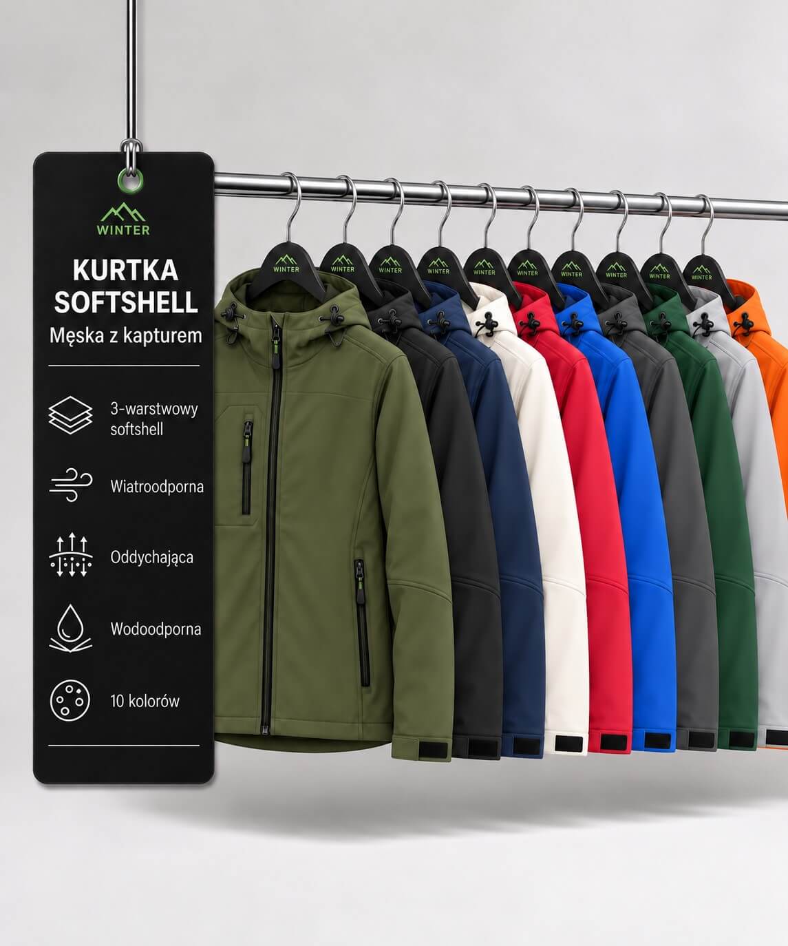 Męska kurtka softshell z kapturem 3-warstwowa w kolorach na wieszaku