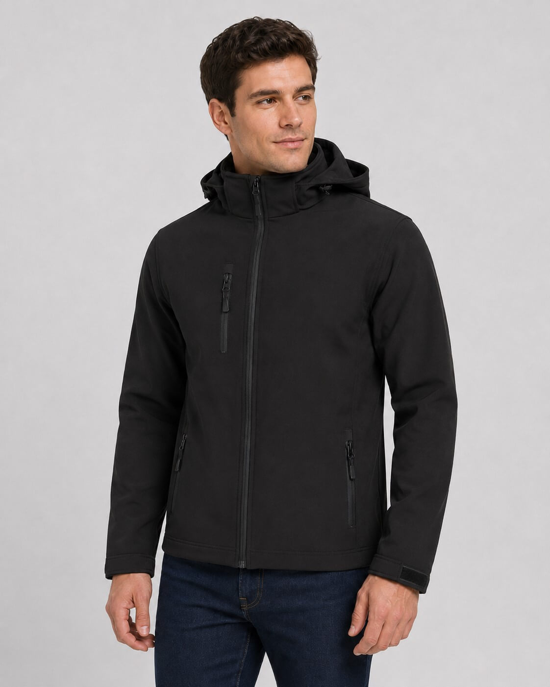Mężczyzna w czarnej kurtce softshell z odpinanym kapturem JHK