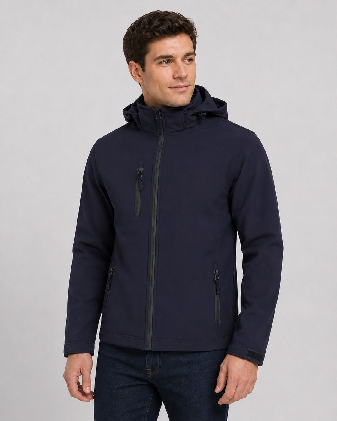 Mężczyzna w granatowej kurtce softshell z odpinanym kapturem JHK