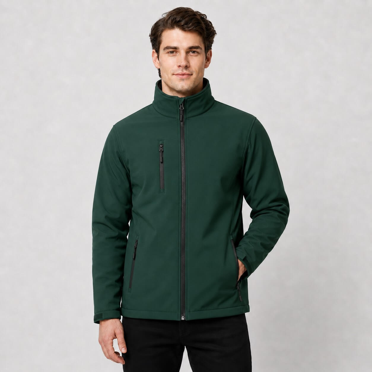 Męska kurtka softshell z polarem JHK - butelkowa zieleń, na modelu