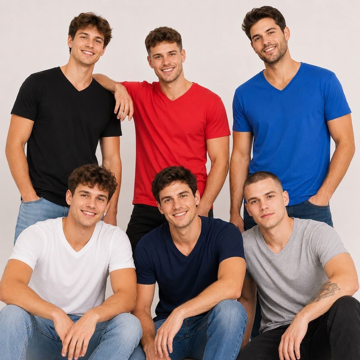 Męskie koszulki bawełniane V-neck JHK w sześciu kolorach na modelach