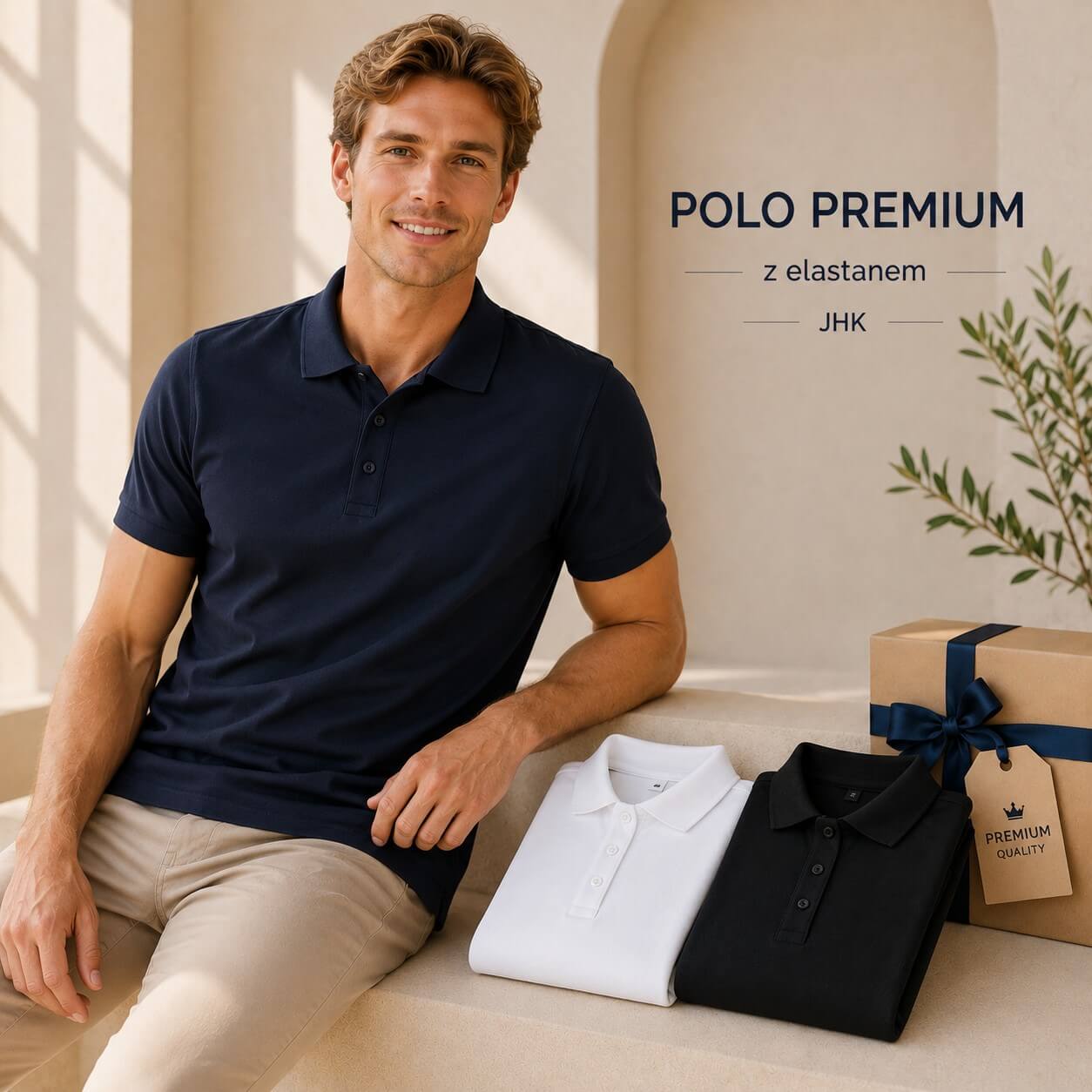 Męskie koszulki polo premium z elastanem JHK – biała, granatowa i czarna