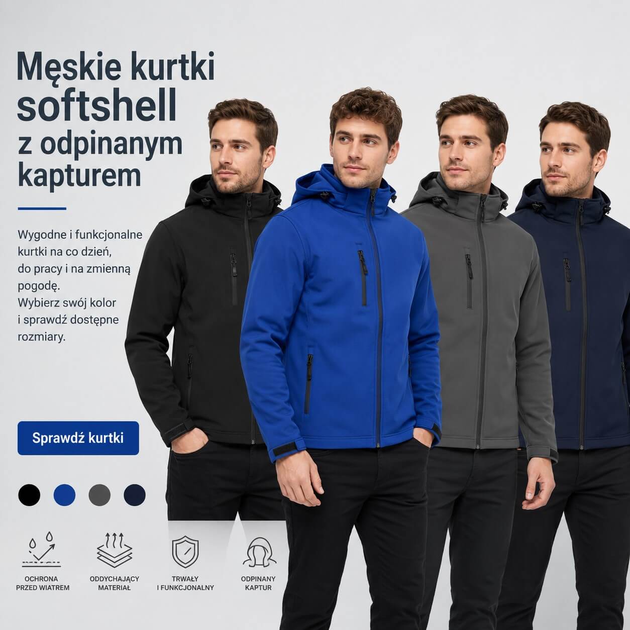 Męskie kurtki softshell z odpinanym kapturem JHK – modele w kilku kolorach