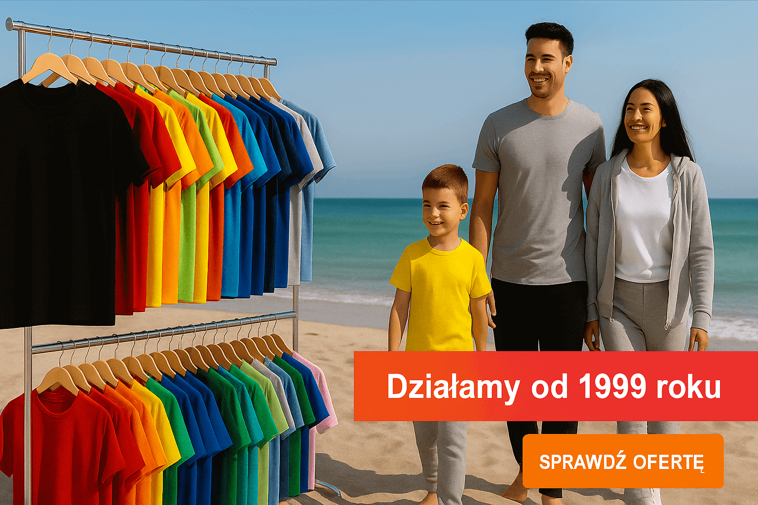 Rodzina_mężczyzna i kobieta oraz dziecko na plaży z widokiem na morze z kolorową ofertą www.koszulkisuper.com KOSZULEK wiszących na stojaku