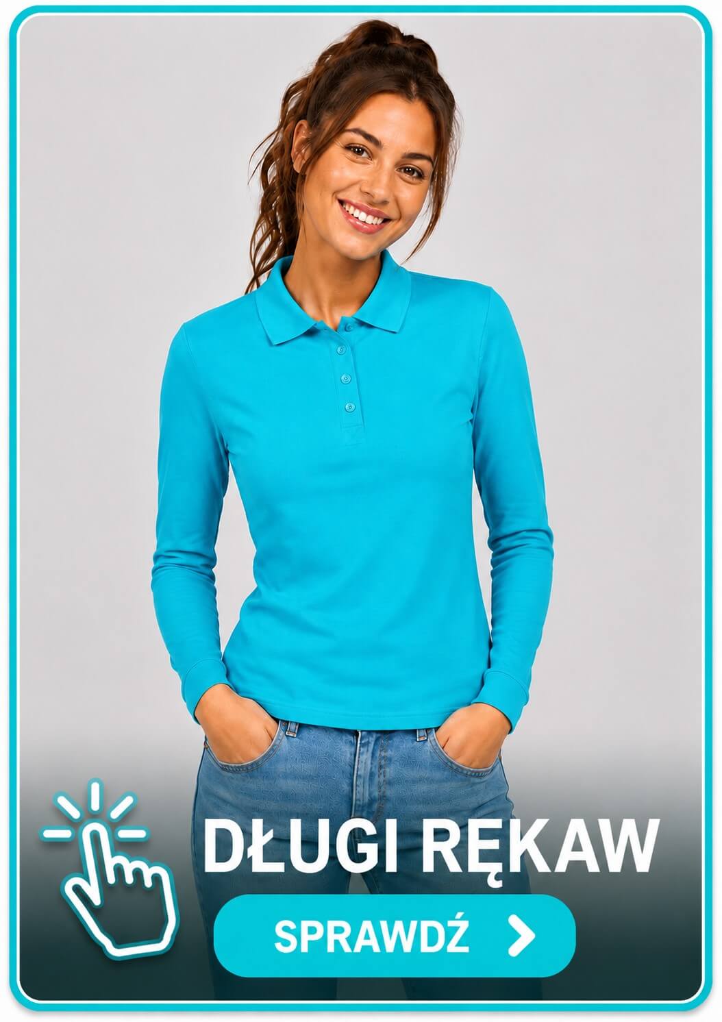 Zdjęcie prowadzi do koszulek damskich polo z dł.rękawem JHK POPL 200 LS. Na zdjęciu jest kobieta ubrana w koszulkę damską polo z długim rękawem JHK POPL 200 LS TU Turkusowy