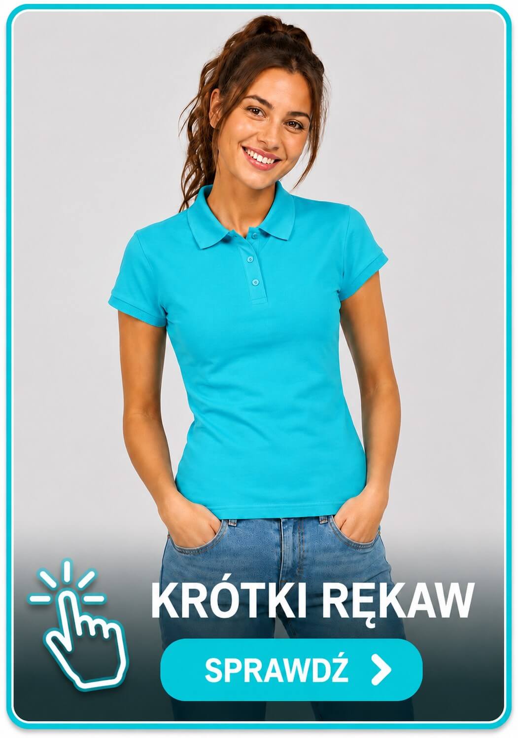 Zdjęcie prowadzi do kategorii koszulek damskich polo z krótkim rękawem JHK POPL 200.Na zdjęciu kobieta ubrana w koszulkę damską polo z krótkim rękawem JHK POPL 200 TU Turkusowy