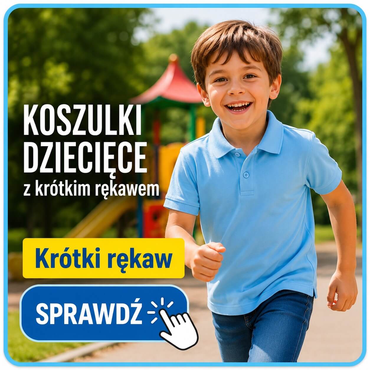 Zdjęcie prowadzi do kategorii koszulek dziecięcych polo z krótkim rękawem JHK PKID 200.Na zdjęciu chłopiec ubrany w koszulkę dziecięcą polo JHK PKID 200 SK błękitna